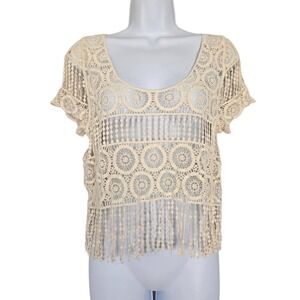 Boho Crochet Fringe Top Size S Festival Sheer Cotton Beachy‎ Hippie Vibes Y2K